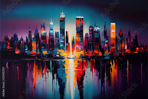 Abstract oil painting of the city skyline