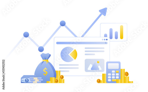 Financial management concept and investment, Flat design of payment and finance with money, cash, banknote, calculator and credit card. Vector Illustration and banner template.