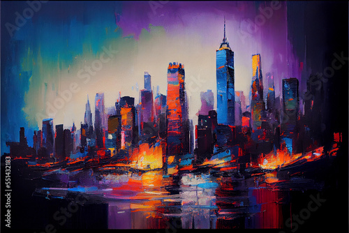 Abstract oil painting of the city skyline