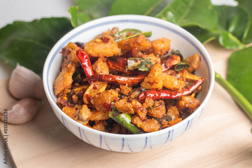 Spicy fried pork crackling chili paste. Thai food. Spicy fried pork crackling chili paste. Thai food.