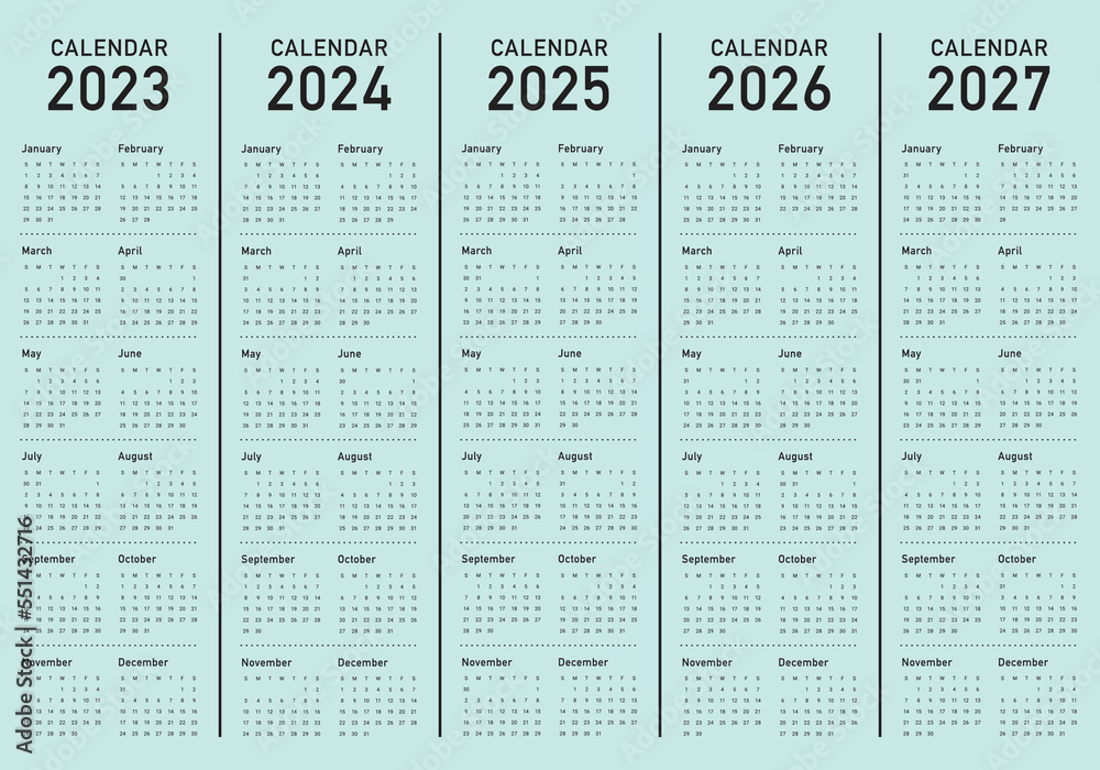 2023 2024 2025 2026 2027 calendar year vector design template, simple and clean design - obrazy, fototapety, plakaty 