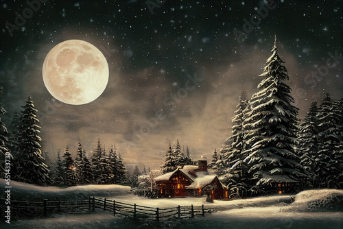 Christmas village in vintage style. Winter Christmas Landscape. Digital art © Viks_jin