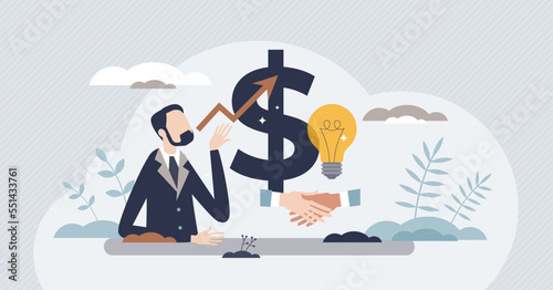 Business fundamentals with financial and deal elements tiny person concept. Company sales profit growth because of successful leadership planning vector illustration. Cooperation value in stock market