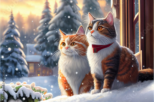 Old Fashion Christmas Greeting Card with Two Cats Outside in Winter