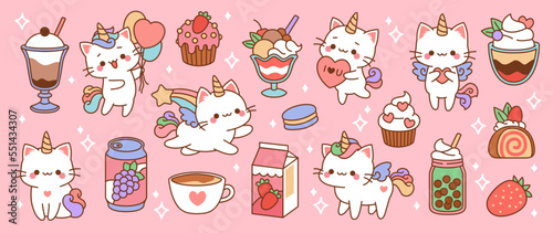 Cute little unicorns cats sweets. Sugar desserts and drinks, fruit milk and fairy animals, kawaii rainbow pets with cupcakes, cartoon stickers, adorable fantasy kittens tidy vector isolated set