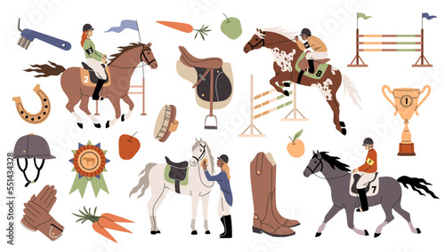 Equestrian sport. Girls and boys are professional jockeys riding horses, racing stallions, equestrian sports accessories, boots and saddle, animal care equipment tidy vector cartoon flat set © YummyBuum