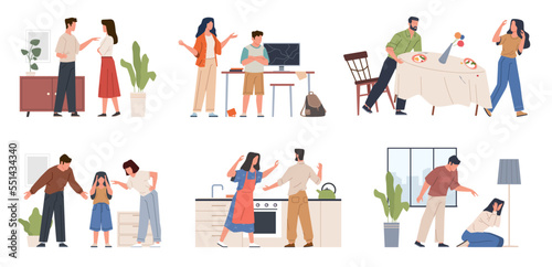 Family conflicts. Unhappy spouses and children, couples scandals, angry people quarrel and reproach, stressful situation, man and woman arguing, cartoon flat characters, nowaday vector set