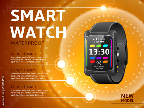 Realistic smartwatches poster. Multifunction wrist device, electronic wristband advertising banner, color touch screen, infographic poster, 3d isolated element, utter vector concept