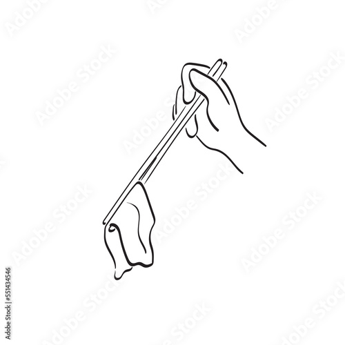 closeup hand using chopsticks to keep food illustration vector hand drawn isolated on white background line art.