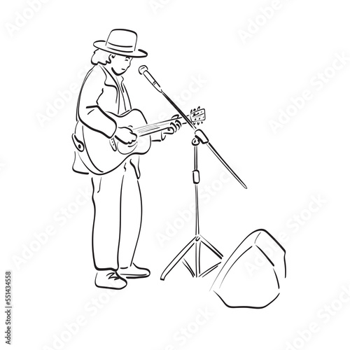 male guitarist standing and busking by playing guitar illustration vector hand drawn isolated on white background line art.