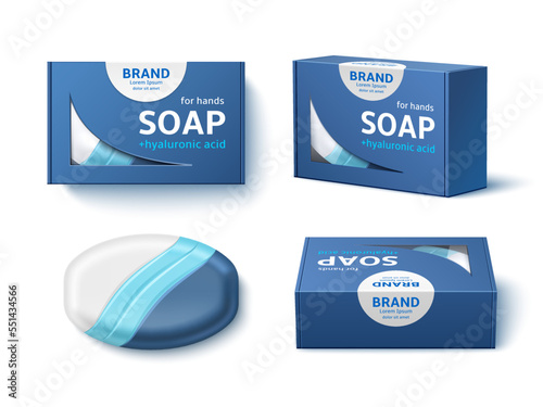 Soap bar package design. Realistic cardboard box mockup, branded paper wrap, natural bath cosmetic, skin body washing, 3d elements different angles. Glycerin product utter vector concept