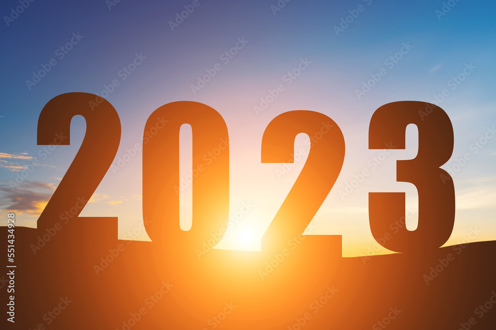 Happy New Year Numbers 2023, Silhouette the hill early morning sunrise over the horizon background, Happy new year concept. Happy New Year Numbers 2023, Silhouette the hill early morning sunrise over the horizon background, Happy new year concept.