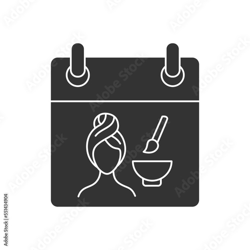  Reminder glyph icon. Appointment at beauty salon. Spa center. Cosmetology procedures. Calendar concept. Filled flat sign. Isolated silhouette vector illustration