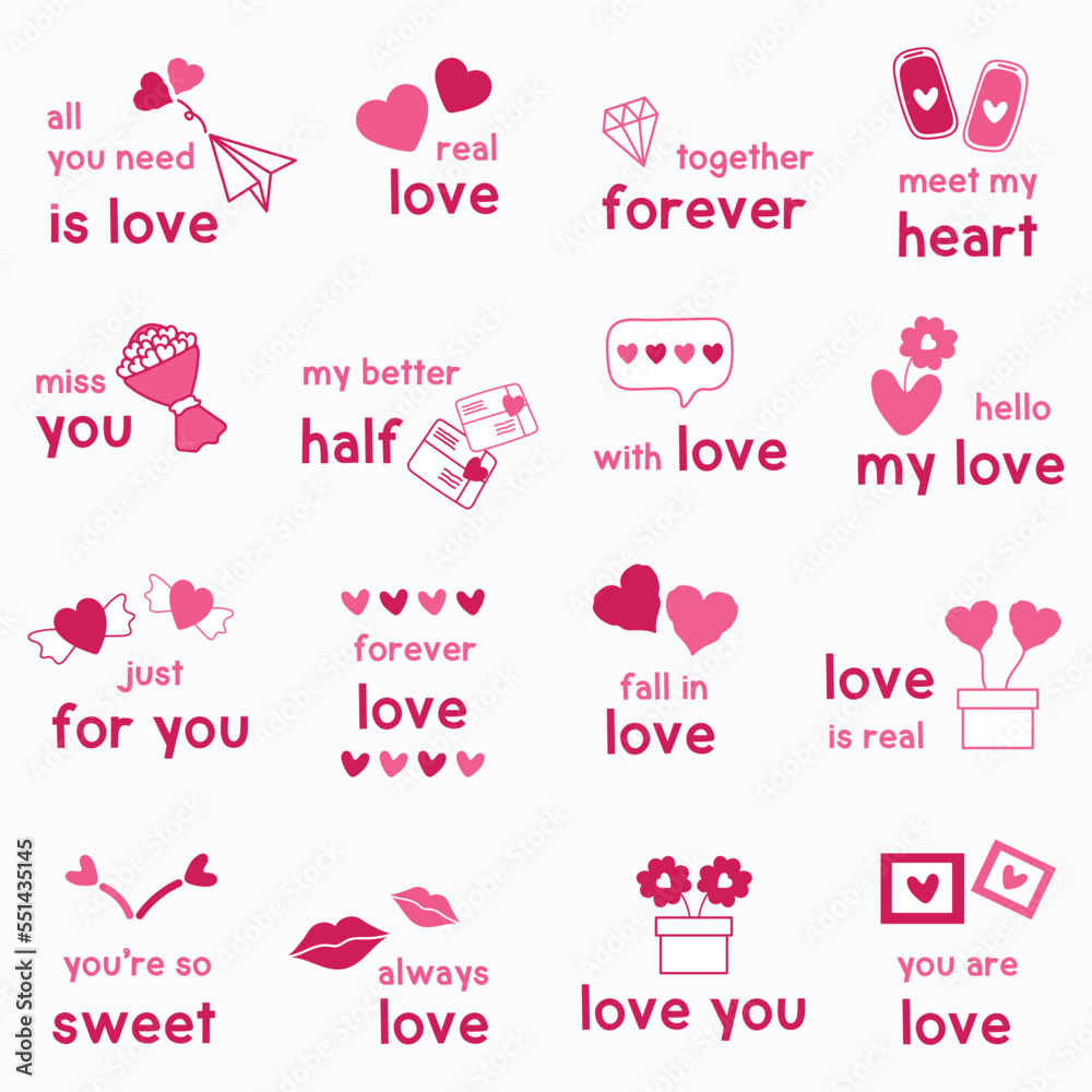 Set of Happy Valentines day typography for greeting cards, gifts, stickers and more.