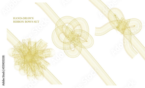 golden flower with ribbon, gold ribbon with bows, gift ribbon, gift decoration, hand-drawn vector illustration, プレゼントリボン、デコレーション、手描きイラスト
