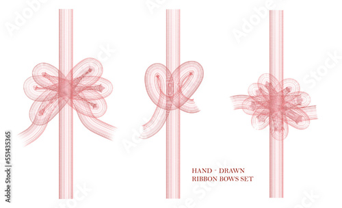 pink flower with ribbon, pink ribbon with bows, gift ribbon, gift decoration, hand-drawn vector illustration, プレゼントリボン、デコレーション、手描きイラスト