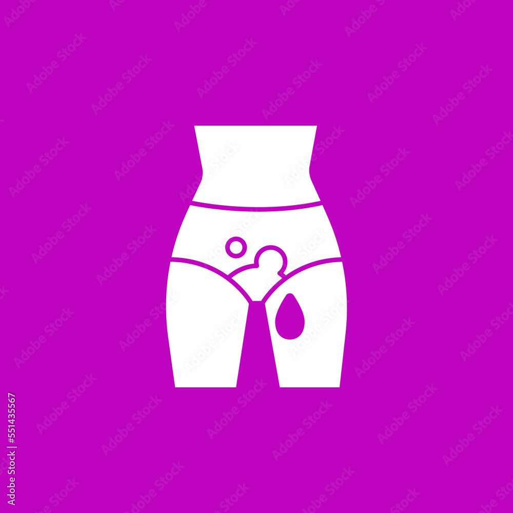 Free-bleeding glyph icon. Heavy bleeding on pants. Menstruation concept.Filled flat sign. Isolated silhouette vector illustration Free-bleeding glyph icon. Heavy bleeding on pants. Menstruation concept.Filled flat sign. Isolated silhouette vector illustration