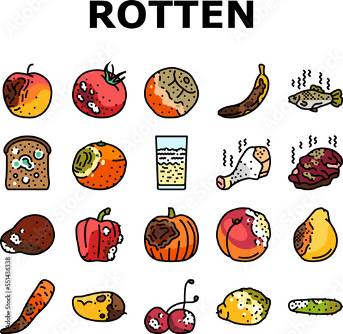 rotten food fruit waste garbage icons set vector. organic green, mold bad, nature rot, trash dirty, compost spoiled, damaged vegetable rotten food fruit waste garbage color line illustrations