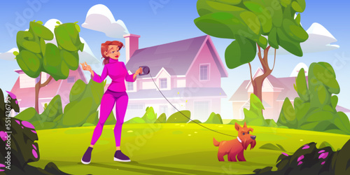 Woman walk with dog at suburb area with cottage houses. Female character in casual clothes spend time with pet outdoors. Summer relax, leisure, communication with animal, Cartoon vector illustration