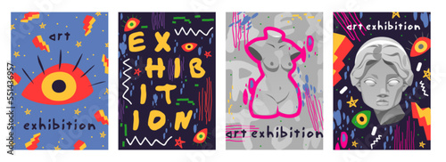 Retro futuristic flyers for modern abstract art exhibition. Antique sculpture and statue, eye, surreal shapes and cyberpunk elements. Vector illustration in trendy psychedelic techno style, posters