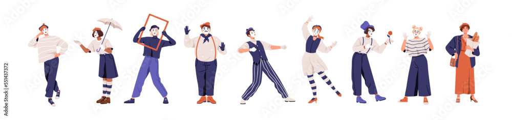 Mime actors, French artists set, flat vector illustrations Mime actors, French artists set, flat vector illustrations
