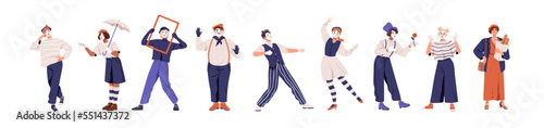 Mime actors, French artists set, flat vector illustrations