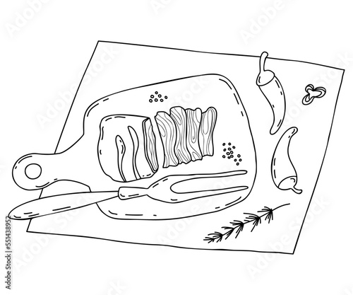 Mexican grilled meat food. Carne Asada Grilled beef, meat pieces on kitchen board with chili peppers and large fork. Vector linear drawing in doodle style of Latin American national dish.