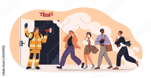 Evacuation in fire emergency. Fireman with megaphone at door exit, people leave building in smoke, evacuate after alarm, alert, danger warning. Flat vector illustration isolated on white background photo
