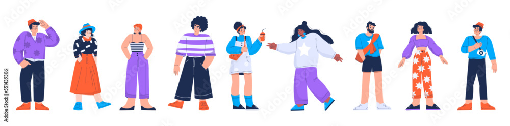 Young people group, diverse stylish characters isolated on white background. Happy adult persons, students, teenagers, friends, vector hand drawn illustration