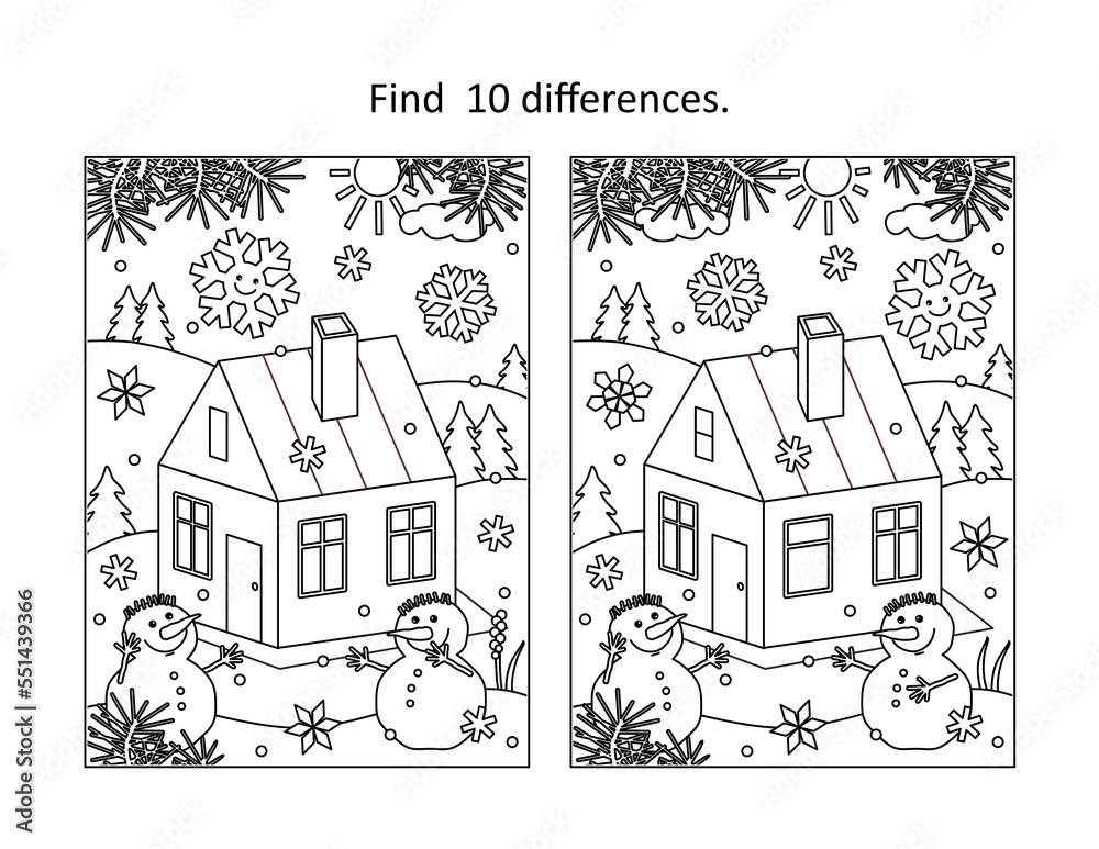 Cabin in winter find the differences picture puzzle and coloring page
