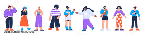 Young people group, diverse stylish characters isolated on white background. Happy adult persons, students, teenagers, friends, vector hand drawn illustration