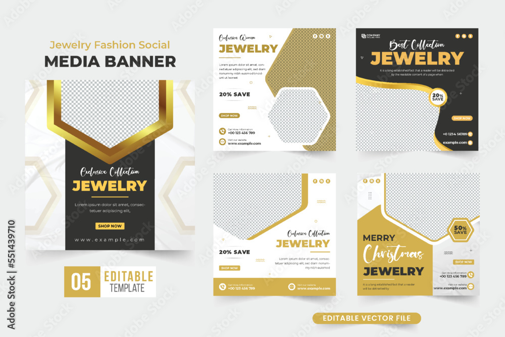 Modern jewelry fashion social media post set vector with golden and dark colors. Ornaments promotional web banner collection with geometric shapes. Special jewelry advertisement poster bundle.