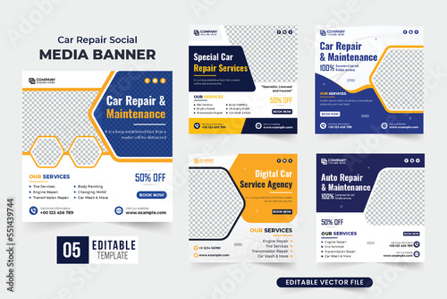 Automobile repair and maintenance service social media post set vector with yellow and blue colors. Vehicle management promotional web banner collection vector. Car repair business template bundle.
