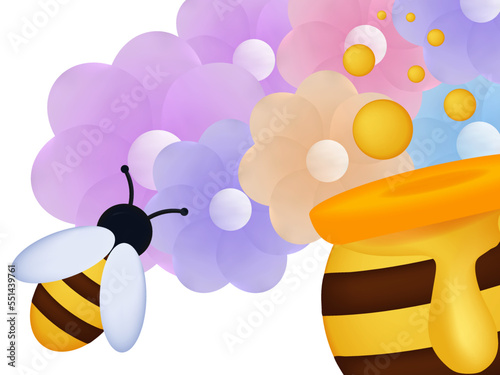 Bee with flowers 3d. Collection of nectar during spring flowering. A full pot of honey, the flight and labor of an insect. Wildlife, environment, honey bee pollination concept. Vector 3d illustration.