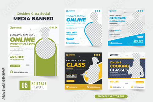 Cooking lesson promotional poster bundle design for marketing. Cooking class discount template collection with green and yellow colors. Chef training class social media post set for the restaurant.