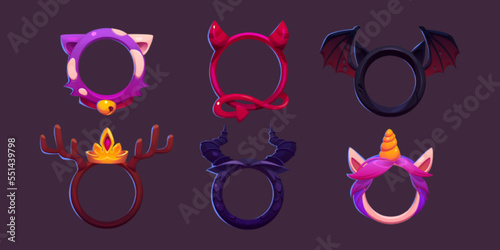 Round game avatar frames set. Cartoon vector illustration of cute borders with fantasy animal characters design. Blank circles decorated with cat ears, devil, unicorn, deer and witch horns, bat wings