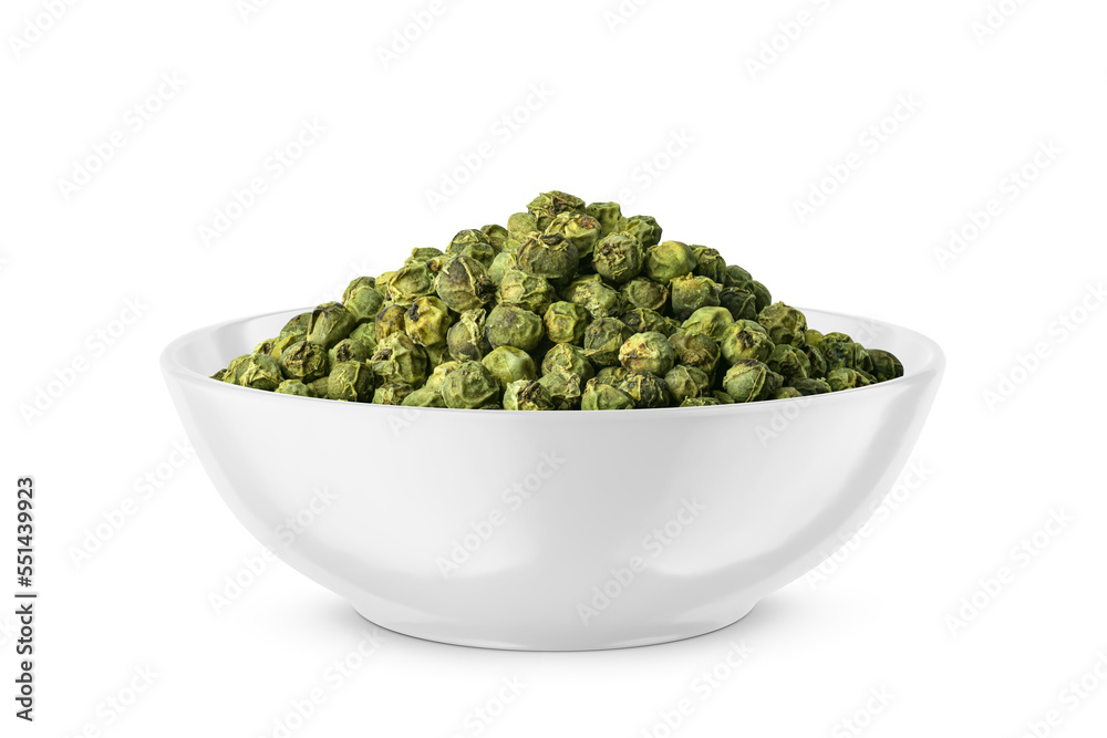 Green pepper in white bowl isolated on white. Front view. Green pepper in white bowl isolated on white. Front view.