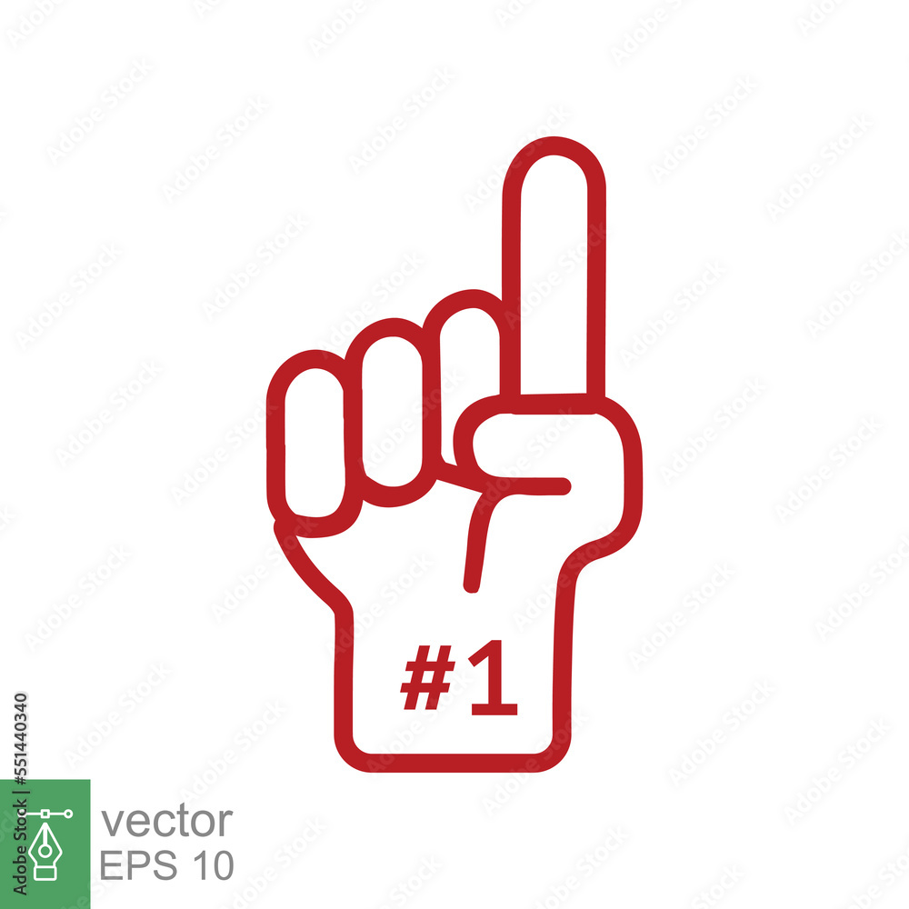 Number 1 foam glove icon. Red number one fan hand glove. Simple flat style. Fan logo hand with finger raised. Vector illustration isolated on white background. EPS 10. Number 1 foam glove icon. Red number one fan hand glove. Simple flat style. Fan logo hand with finger raised. Vector illustration isolated on white background. EPS 10.