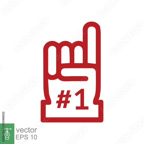 Number 1 foam glove icon. Red number one fan hand glove. Simple flat style. Fan logo hand with finger raised. Vector illustration isolated on white background. EPS 10.