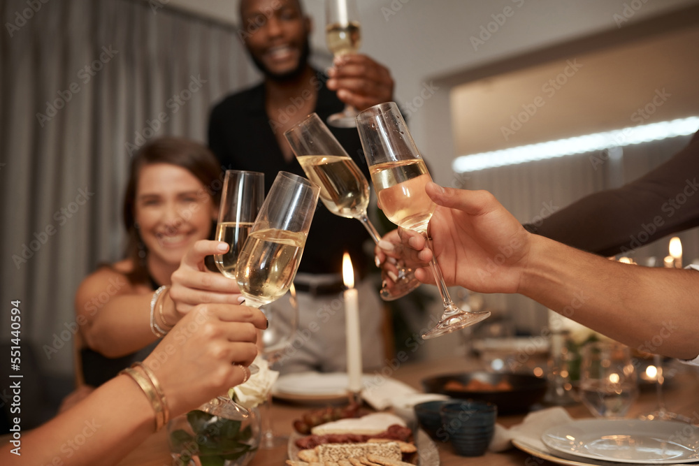 Dinner party, friends and cheers with wine glass for celebration, social gathering or new years event at home. Happy group of people toast alcohol, champagne and drinks to celebrate together at night - obrazy, fototapety, plakaty 