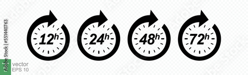 Hour icon set. 12, 24, 48 and 72 hours clock arrow. Fast delivery, timer with circle arrow. Vector work time effect or delivery service time icons. EPS 10.