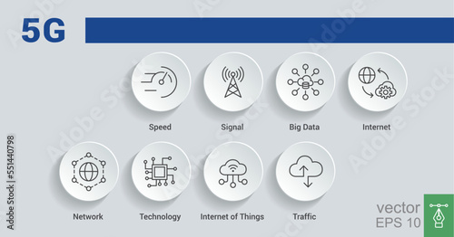 5G banner web icon for business and technology, speed, signal, network, technology, big data, Iot and traffic icons. Minimal vector infographic. Vector illustration EPS 10.