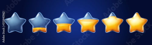 Gold stars game icons with fill progress. UI design elements of load status, rating. Sprite sheet with clear glass stars filling with golden color, vector cartoon set