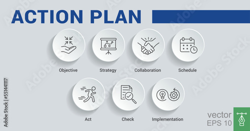 Action plan banner web icon for business and marketing. objective, strategy, Collaboration, Schedule, Plan and implementation. Minimal vector infographic. EPS 10.
