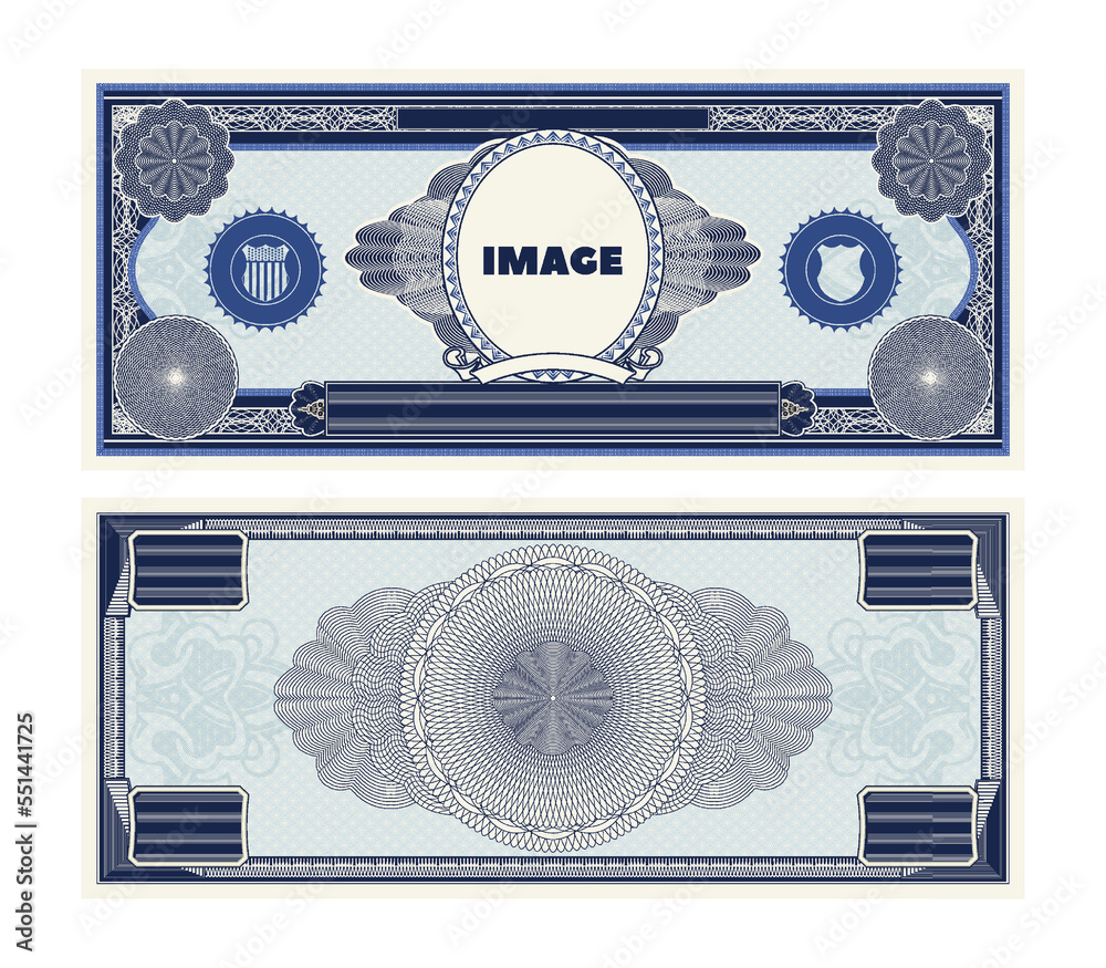 Vector blank sample blue vintage retro banknote labeled image in an empty oval. Guilloche mesh and openwork frame. Template of bill. - obrazy, fototapety, plakaty 