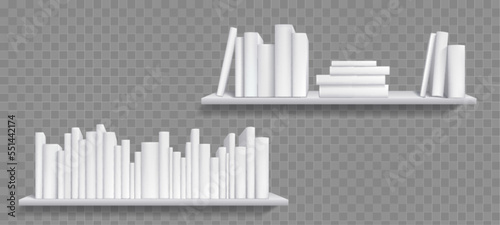 Books on shelf realistic mockup  bookshelf with bestsellers. Booklets with white covers and spines in library or store. Diary volumes with empty paperback lying and standing in row  3d vector mock up