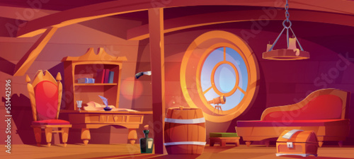 Pirate ship cabin interior with table, chair, sofa, telescope, treasure chest, barrel and bottle. Empty captain room on boat with wooden beams and porthole, vector cartoon illustration