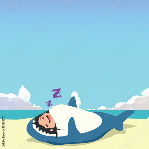 little girl wearing a shark costume character sleeping isolated on a beach background. little girl wearing a shark costume character emoticon illustration