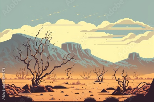 lifeless barren desert valley of death with dry and decaying trees  unexplored and dangerously hot wasteland - eroded sandstone hills and cliffs with distant clouds illustration. Generative Ai