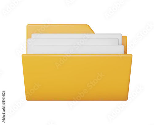 3D Business Folder full of Papers Isolated on White. Render Yellow Folder for Correspondence, File for Paper Documents. Open Folder Icon, Manila Archive Case or Ring Binder. Vector Illustration